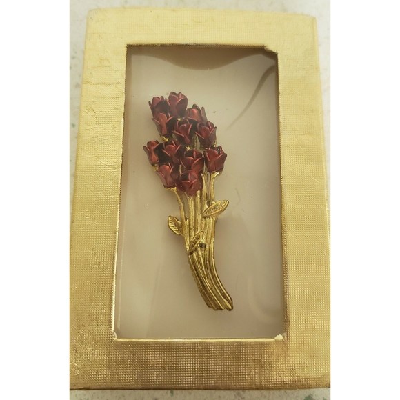 Vintage 1997 DM Goldtone Red Enamel ROSES BOUQUET Pin Brooch - Picture 3 of 3